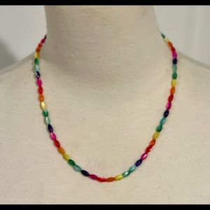 Rainbow Dyed Mother of Pearl Bead Necklace 18” Silver Lobster Clasp Handmade